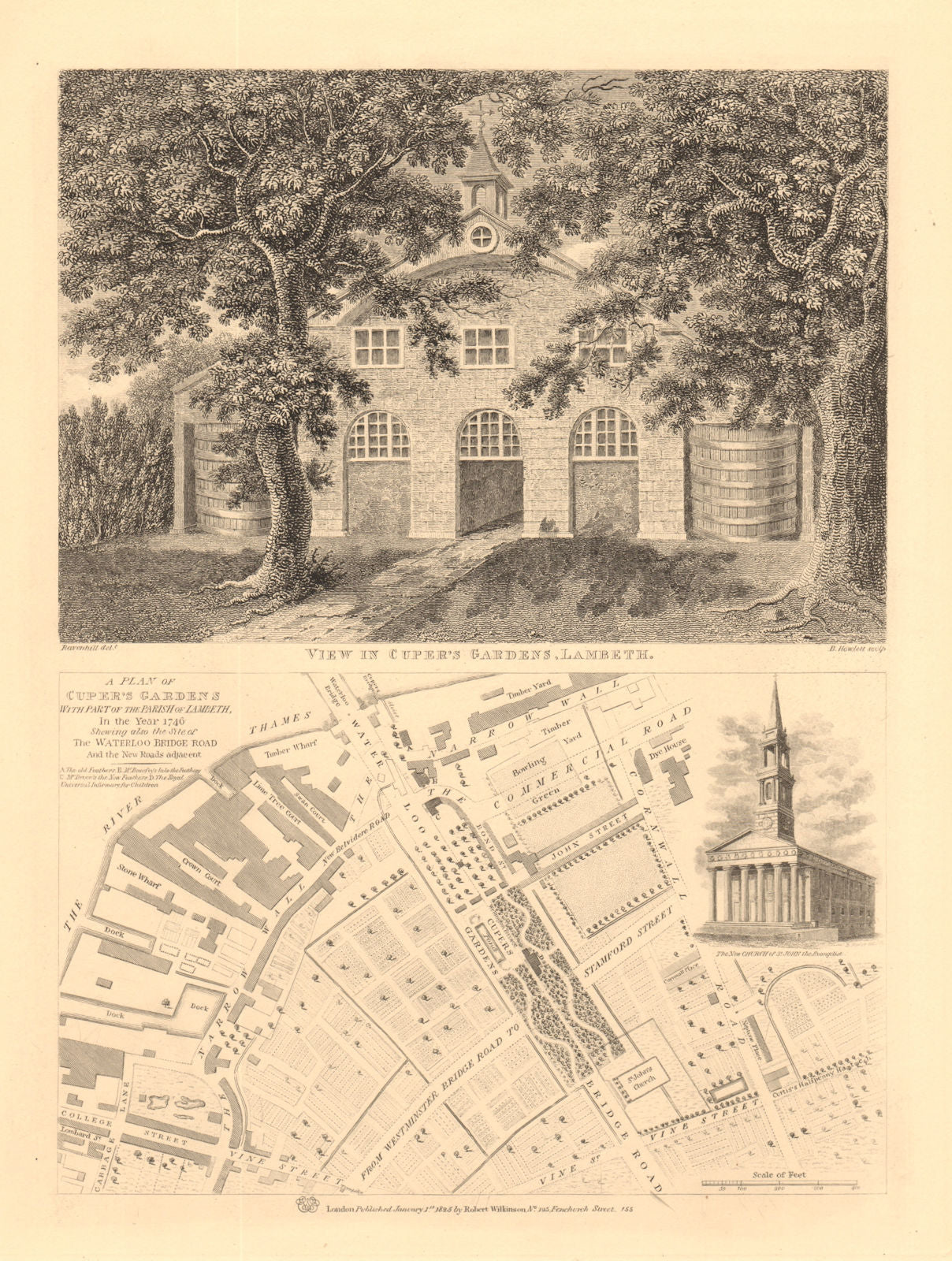 SOUTH BANK/WATERLOO 1746 MAP. Cuper's Gardens view (now Waterloo Road) 1834